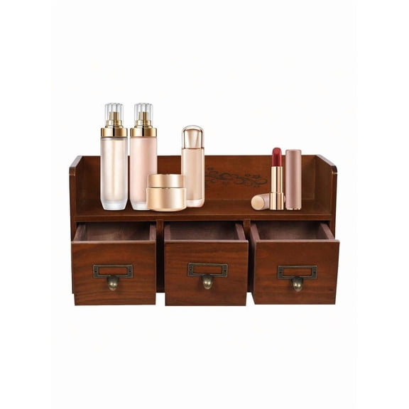 3-Drawer Wood Desktop Organizer Cabinet, Vintage Tabletop Storage Drawers for Office Supplies, Small Jewelry Chest & Desk Stationery Box