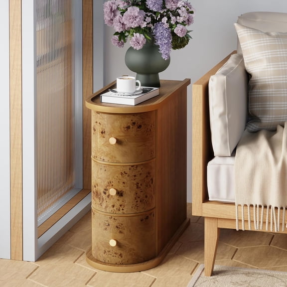 3-Drawer Wood Farmhouse End Table with Burl Finish, Narrow Rustic Sofa Side Tables with Metal Knobs, Slim Bedside Table with Back Storage Space for Living Room, Bedroom (Natural Burl)