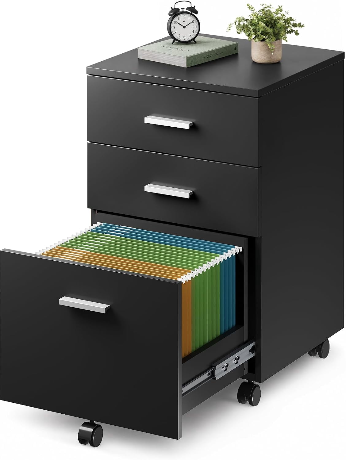 3 Drawer Wood File Cabinet, Under Desk Filing Cabinet, Black | Small ...