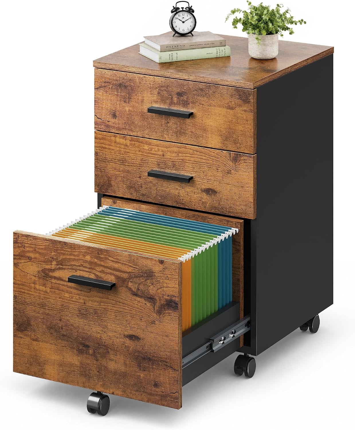 3 Drawer Wood File Cabinet, Under Desk Filing Cabinet, Rustic Brown ...