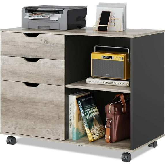 3-Drawer Wood File Cabinet, Mobile Lateral Filing Cabinet, Printer Stand with Open Storage Shelves for Home Office, Greige