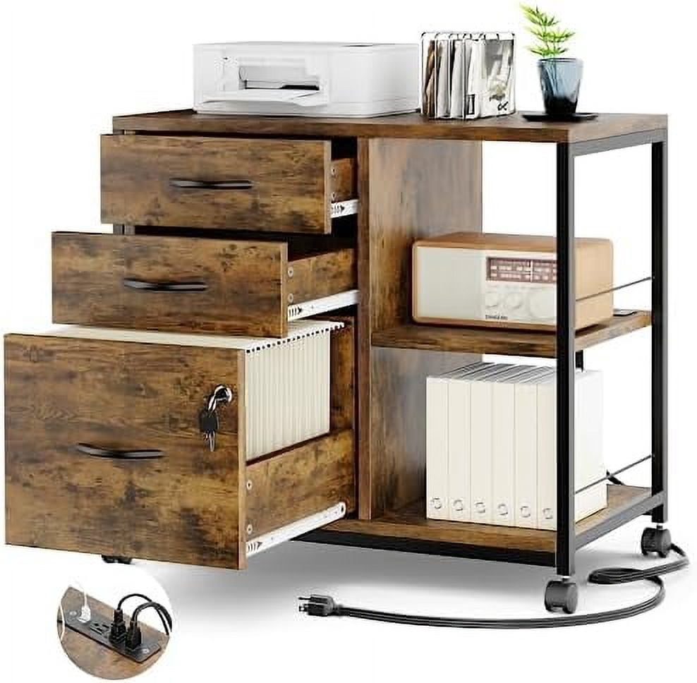 Filing Socket 3 Drawer Wood File Cabinet with Socket and USB Charging Ports for ...