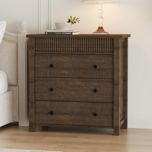 3-Drawer Wooden Dresser Nightstand, Fluted Design Storage Organizer Chest of Drawers, Multi-Functional End Table for Bedroom, Living Room, or Entryway, Walnut