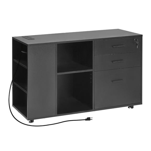 3 Drawer Wooden File Cabinet Mobile Filing Cabinet with Power Strip, Black