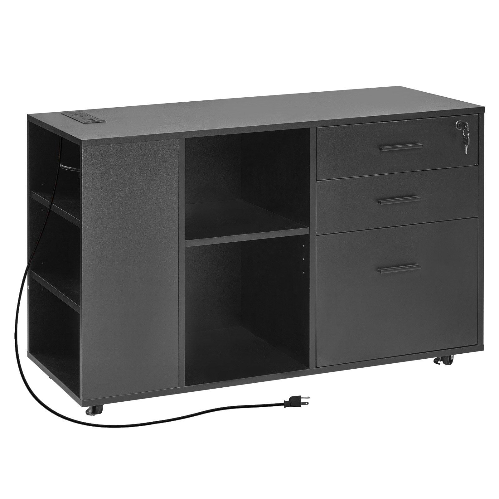 3 Drawer Wooden File Cabinet with Power Strip, Mobile Rolling Office Storage Cabinet with Lockable Drawers, Adjustable Shelves, and 5 Casters for Home or Office Organization, Black
