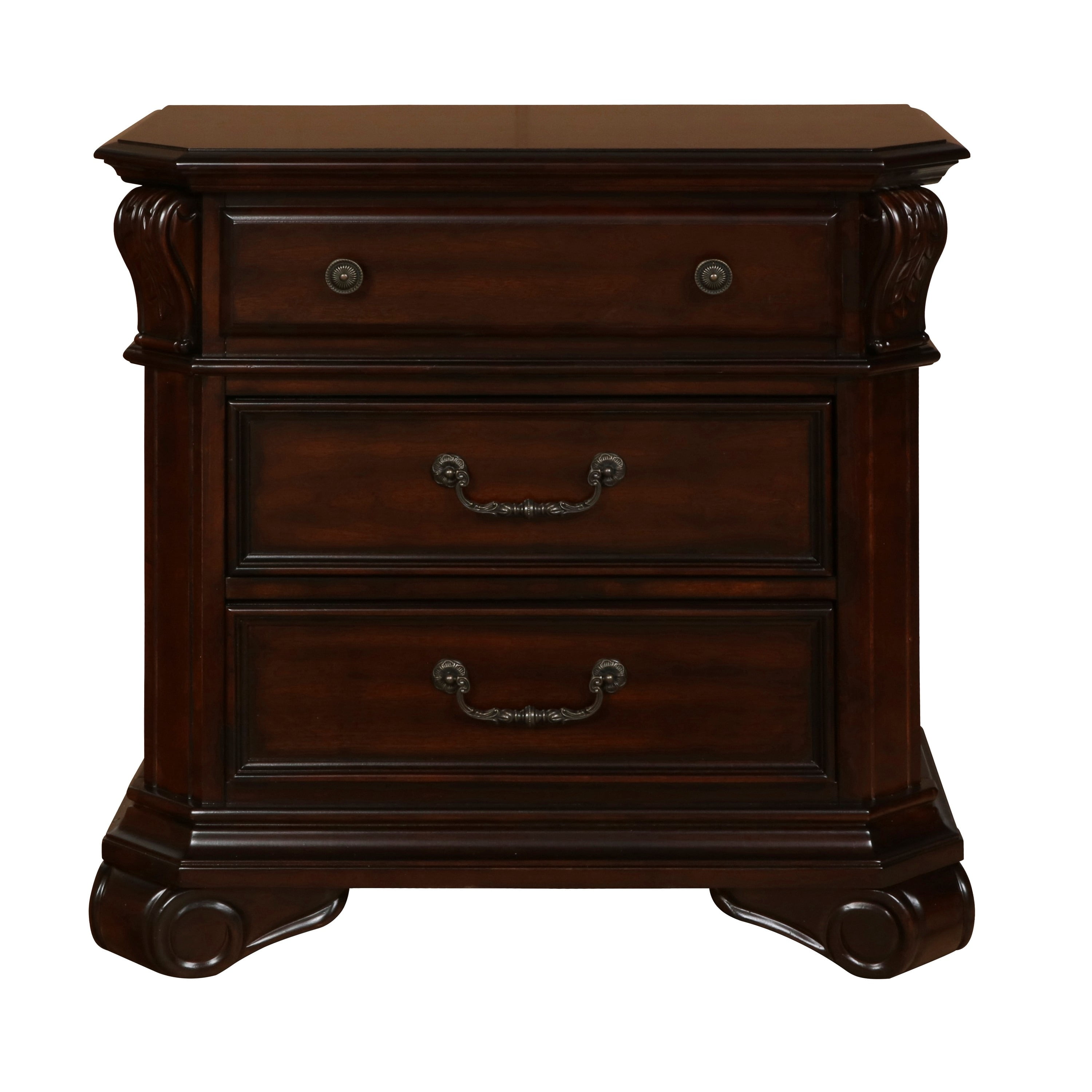 Elegant 3-Drawer Brown Wooden Nightstand with Antique Metal Pulls