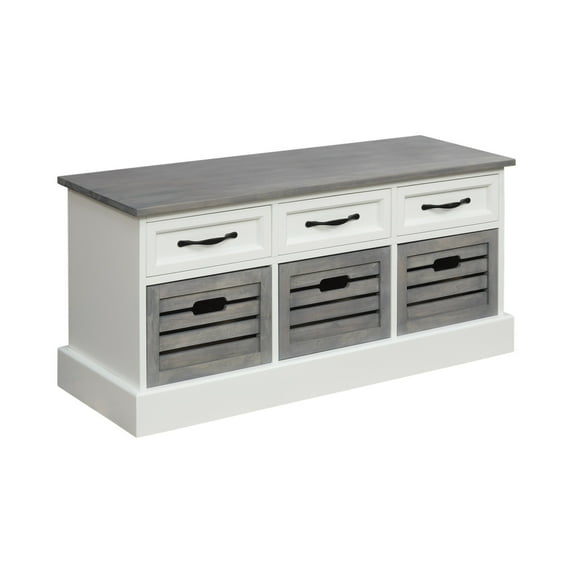 3 Drawer Wooden Storage Bench with Plinth Base, Gray and White- Saltoro Sherpi