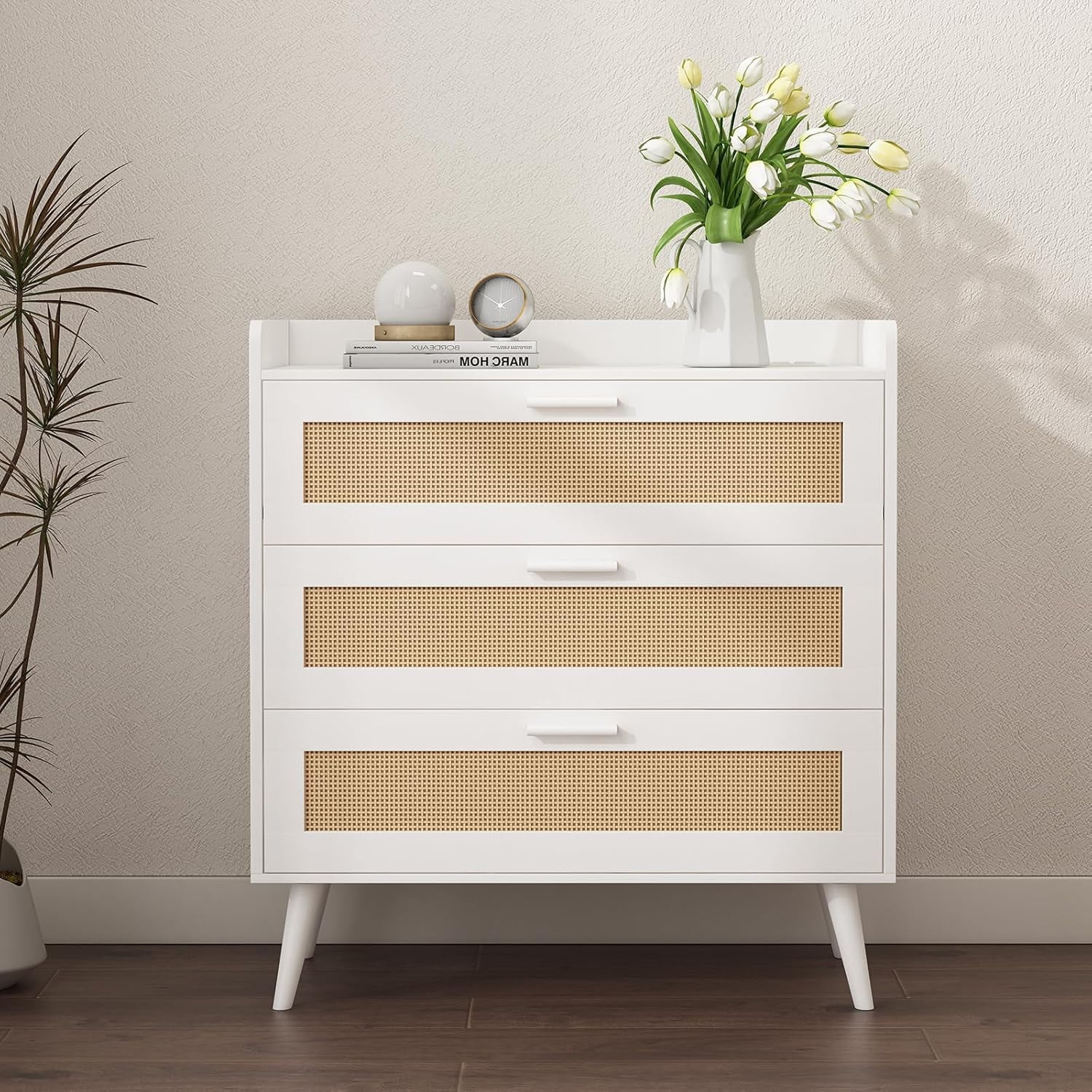 White and Rattan 3-Drawer Chest with Power Outlets