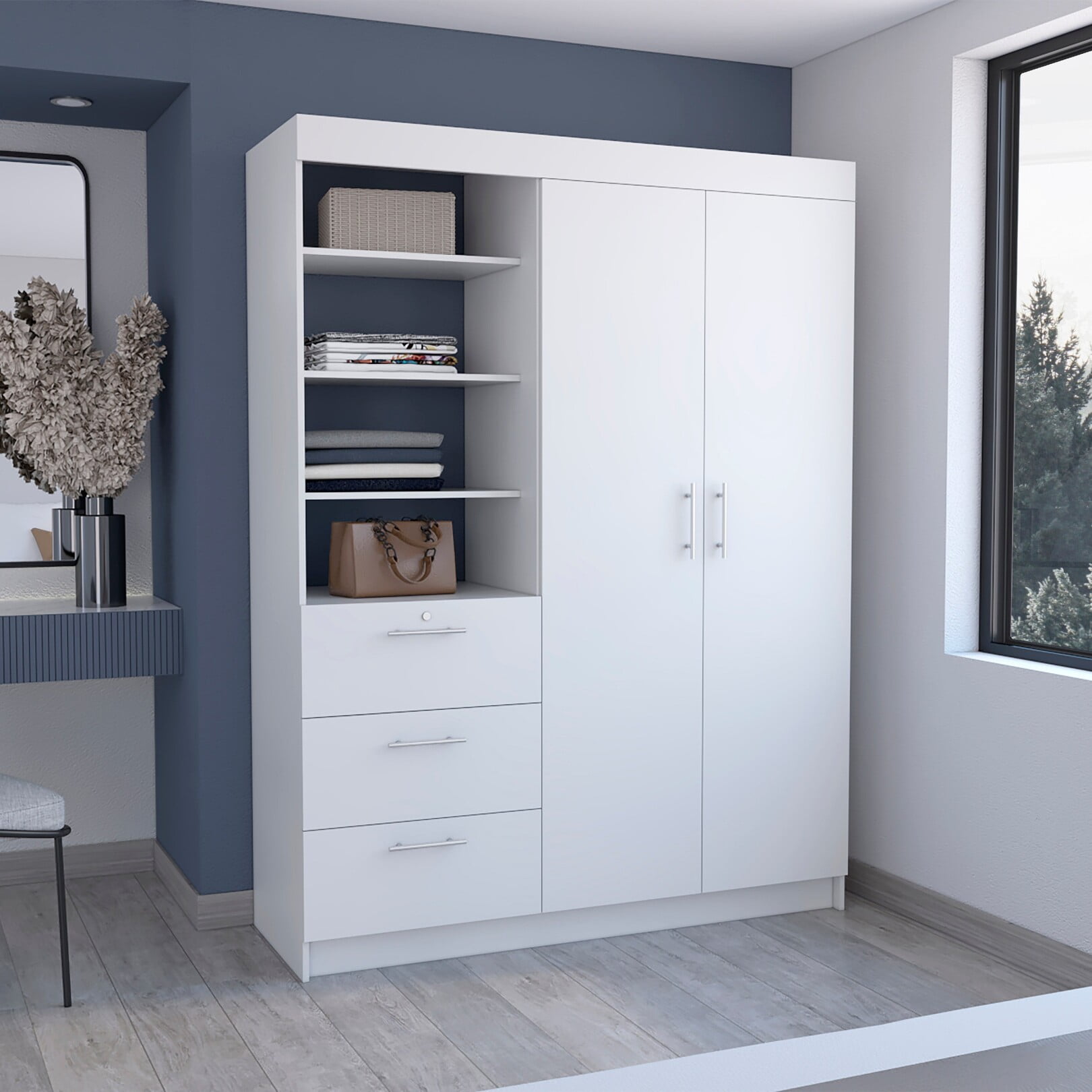 3 Drawers Armoire with 3 Tier Shelf Wardrobe Cabinet with Metal Handles Storage Cabinet with Double Door for Kitchen Living Room Bedroom White