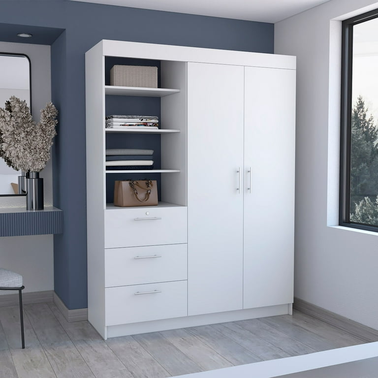 3 Drawers Armoire with 3 Tier Shelf Wardrobe Cabinet with Metal Handles Storage Cabinet with Double Door for Kitchen Living Room Bedroom White