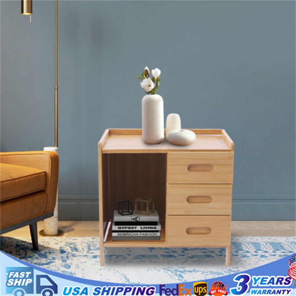 3 Drawers Bamboo Bedside Table Storage Box Bedroom End Side Table Large ...