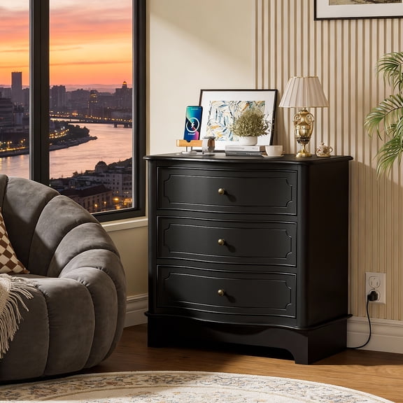 3 Drawers Dresser for Bedroom with Charging Station, 28" Wide Small Chests of Drawers, Farmhouse Wood Nightstand Bedside Cabinet End Table for Bedroom, Living Room, Closet, Hallway, Black
