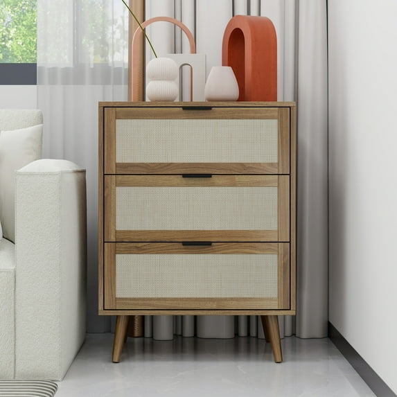 3 Drawers Dresser, Natural Rattan Dresser with metal legs, Chests of Drawers Small Cabinet for Living Room Bedroom Accent Storage Cabinet/Nightstand/Bedside Table. Walnut.