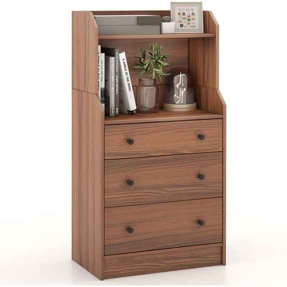 3 Drawers Dresser with Shelves, Tall Nightstand with 2 Open Shelves, Modern Chest of Drawers with Anti-Toppling Device, Utility Storage Dresser for Living room, Bedroom, Closet, Entryway (Walnut)