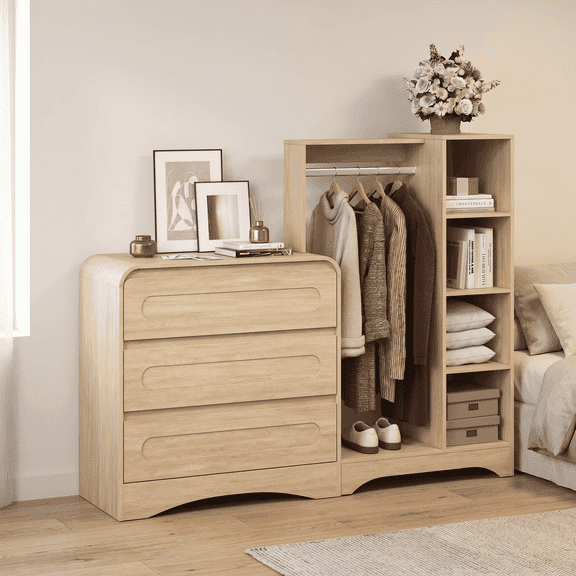 3-Drawers Dresser with Hanging Rack, Modern Wooden Storage Chest of Drawers for Bedroom, Natural Oak