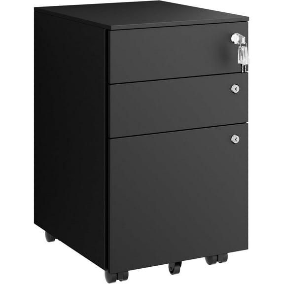 3 Drawers File Cabinet with 3 Lock, Mobile Metal Filing Cabinet, Fully Assembled Except Casters, for Home Office, for A4, Letter, Legal File Folders, Black