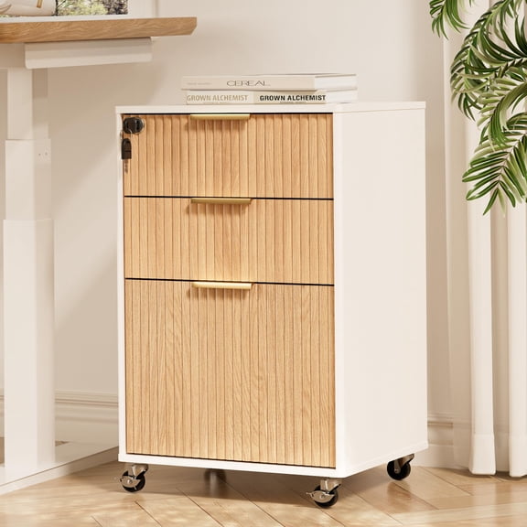 3 Drawers Fluted Mobile File Cabinet with Lock, Rolling File Cabinet Printer Stand Table, Under Desk Wooden Filing Cabinets for Home Office Essentials Storage Organization Furniture Letters/A4(Oak)