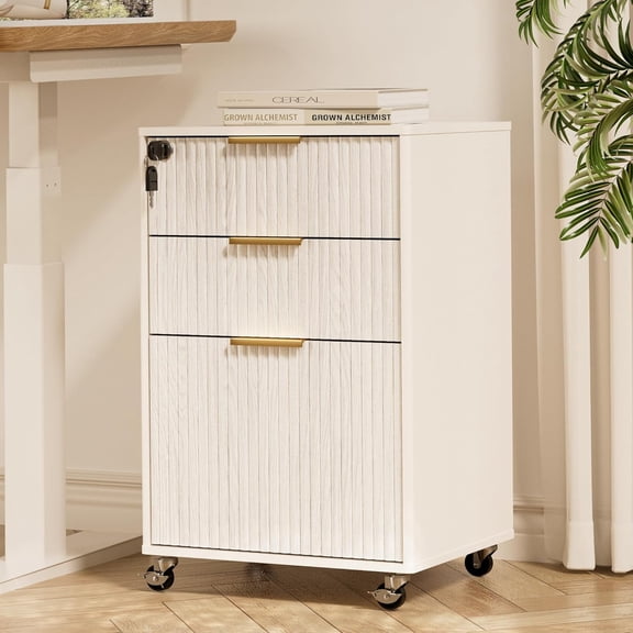 3 Drawers Fluted Mobile File Cabinet with Lock, Rolling File Cabinet Printer Stand Table, Under Desk Wooden Filing Cabinets for Home Office Essentials Storage Organization Furniture Letters/A4(White)