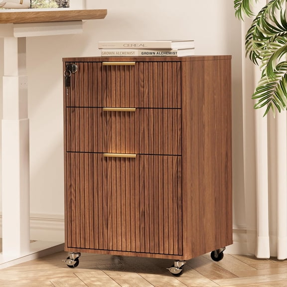 3 Drawers Fluted Mobile File Cabinet with Lock, Rolling File Cabinet Printer Stand Table, Under Desk WoodenFiling Cabinets for Home Office Essentials Storage Organization Furniture Letters/A4(Walnut)