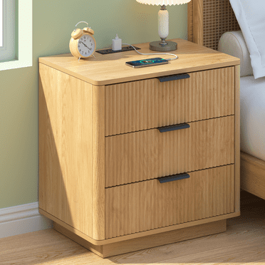 Hommpa 3 Drawers Fluted Nightstand with Charging Station, 23" Large Modern Bedside Table End Side Table for Bedroom Living Room Sofa Office, Night Stand with Storage Drawers, Curved Profile Design