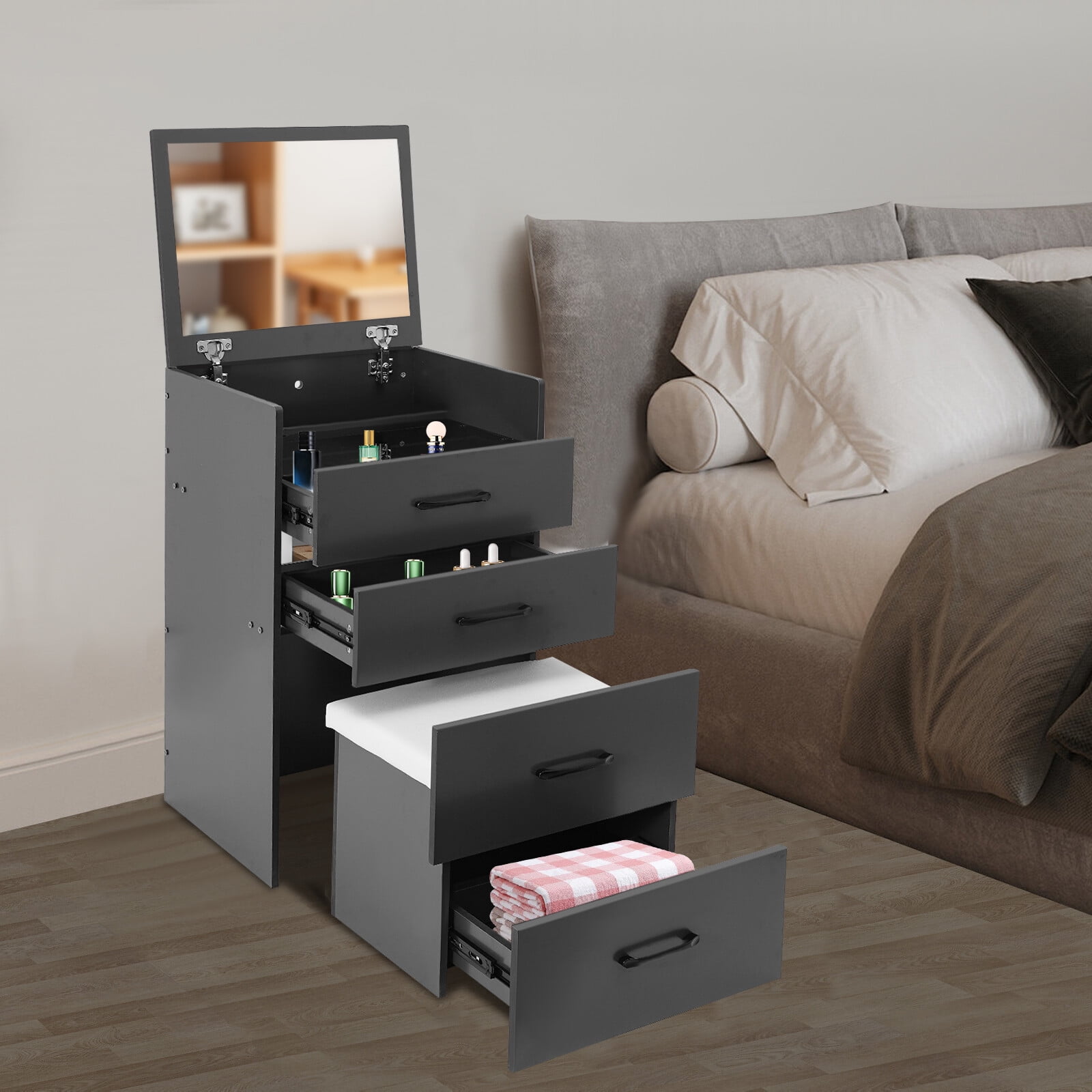 3-Drawers Grey Makeup Desk With Mirror Compact Dressing Table Small Make Up  Table - Walmart.com