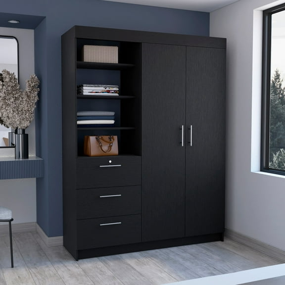 3 Drawers In Black - Double Door And 3 Shelf For Home Decor Storage Space Utilization