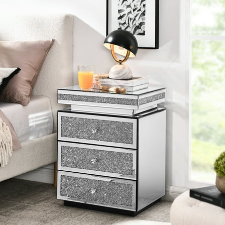 3 Drawers Mirrored Nightstand, Silver Modern Bedroom Side Table With Crystal Inlay, 13.8"w X 17.7"l 23.6"h Inlay For Bedroom, Modern,