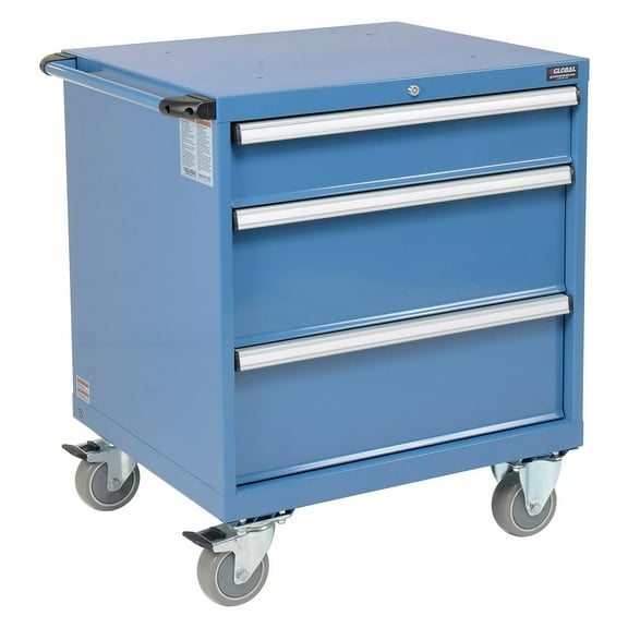 Global Industries 298446BL Mobile Modular Drawer Cabinet, 3 Drawers with Lock Without Dividers, 30 x 27 x 36.7 in. - Blue