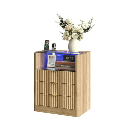 3 Drawers Night Stand with Charging Station, Fluted Nightstand with LED Light, 23''W End Table with Glass Top, Modern Bedside Table for Bedroom Living Room Sofa Office, Oak