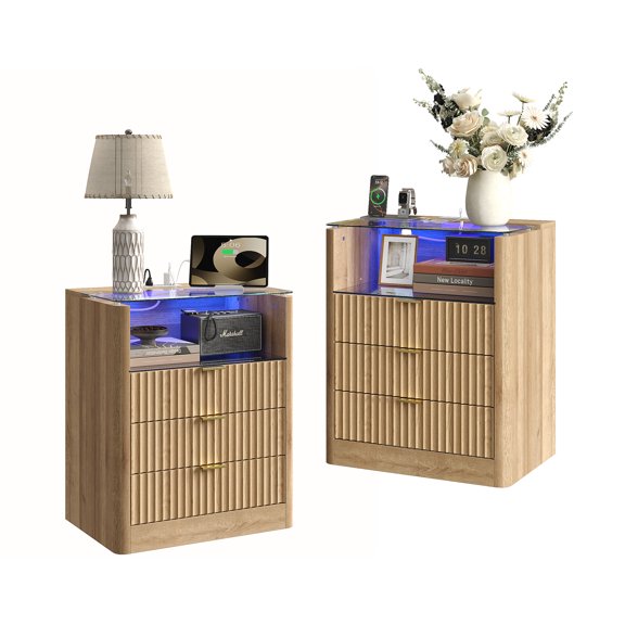 3 Drawers Night Stand with Charging Station, Fluted Nightstand with LED Light, 23''W End Table with Glass Top, Modern Bedside Table for Bedroom Living Room Sofa Office, Oak
