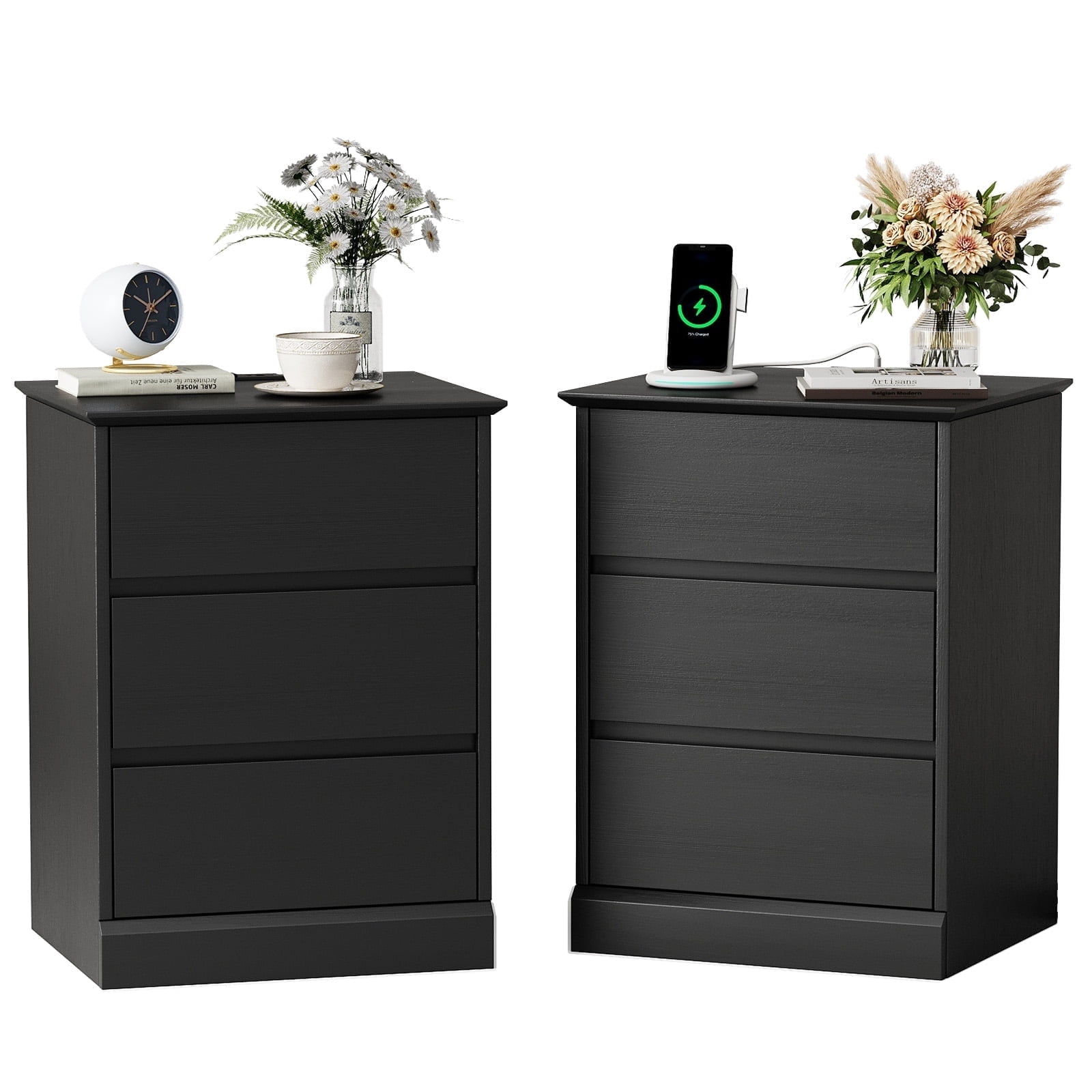 3 Drawers Nightstand Set of 2 with Charging Station, Bedside Table End Table for Bedroom Living Room, Black
