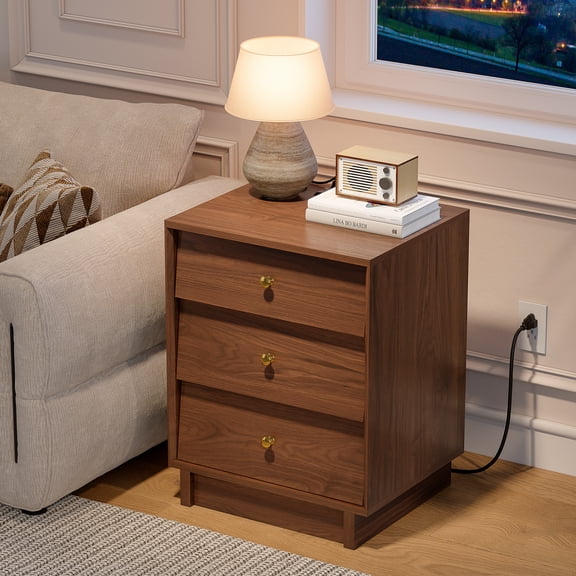 3 Drawers Nightstand With Charging Station, Mid Century Modern Bedside Table For Bedroom, 19'' Wide Wooden End Tables, Walnut Brown