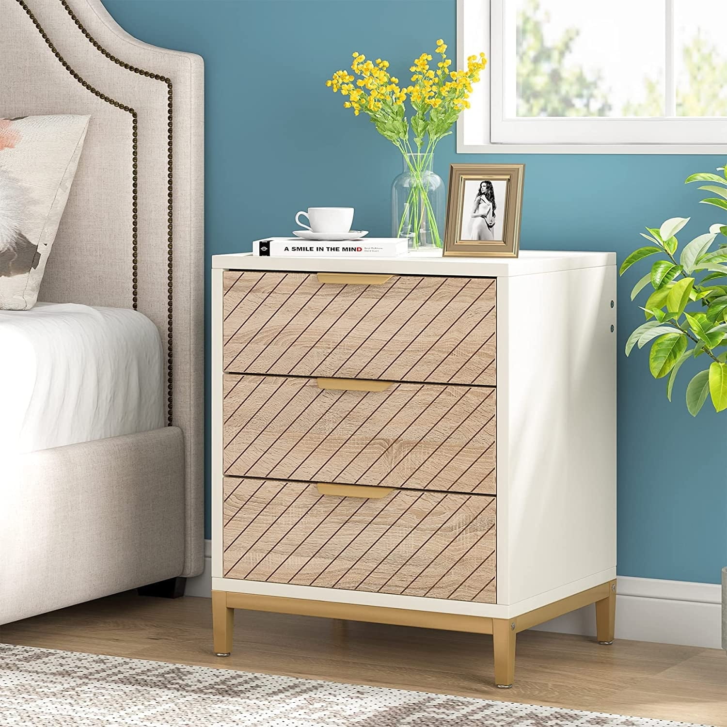 Modern White and Light Wood 3-Drawer Nightstand with Gold Accents
