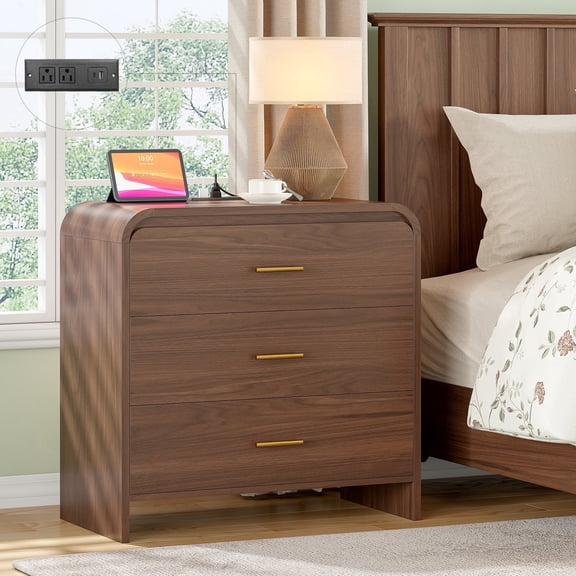 3 Drawers Oversized Night Stand, Mid Century Modern Bedside Table With Charging Station, 31.5''W Extra Large Wood Dresser For Bedroom, Walnut