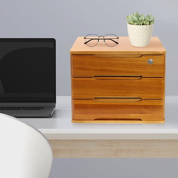 3 Drawers Rectangle Wooden Desktop Storage Box with 1 Lockable Drawers, Wooden Storage Cabinet Organizer Tabletop Storage Organization Box for Office, Home (Wood Yellow)