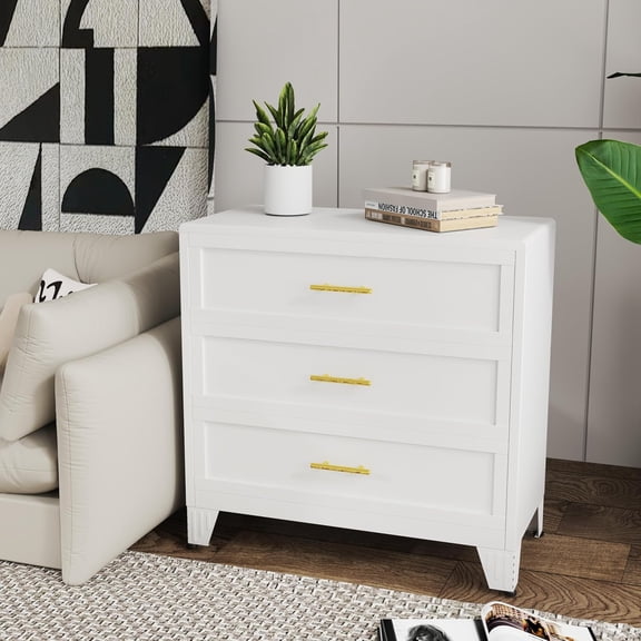 Hanyu 3 Drawers Tall White Dresser for Bedroom, 35.43" Metal Dressers & Chests of Drawers Curved Corner Design, Storage Organizer Drawer Chest with Large Capacity for Living Room, Entryway, Hallway
