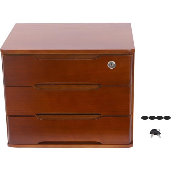 3 Drawers Wooden Desktop Storage Box with Lockable Drawers, Wooden Storage Cabinet Organizer Tabletop Storage Organization Box for Office,Home (Walnut)