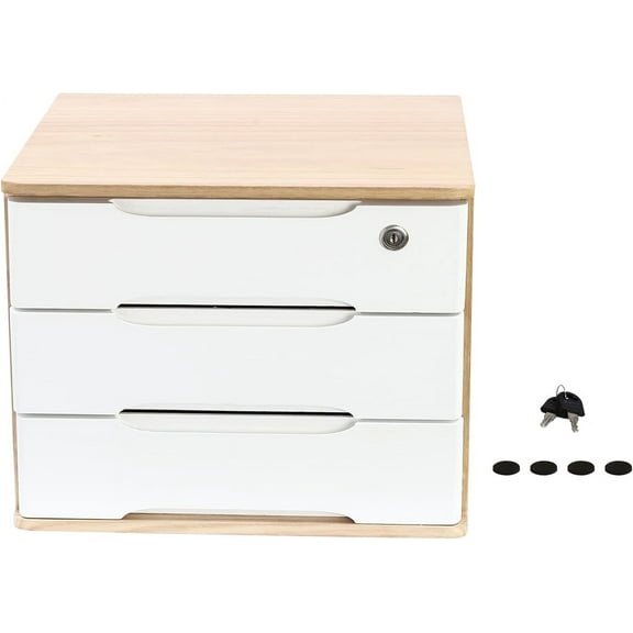 3 Drawers Wooden Desktop Storage Box with Lockable Drawers, Wooden Storage Cabinet Organizer Tabletop Storage Organization Box for Office,Home (Wood Color+White)