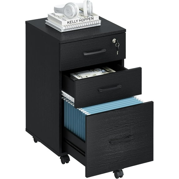 3 Drawers Wooden Locking File Cabinet with Storage Removable File Cabinet for Home Office,Under Desk Filing Cabinets(Black)