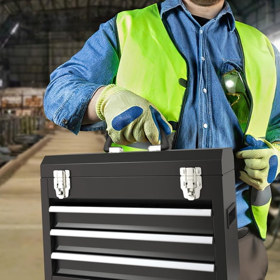 3 Drawers small Tool Box, Portable 3 Drawer Steel Tool Box with Locking System toolbox organization with Liner for Tools Storage (Black)