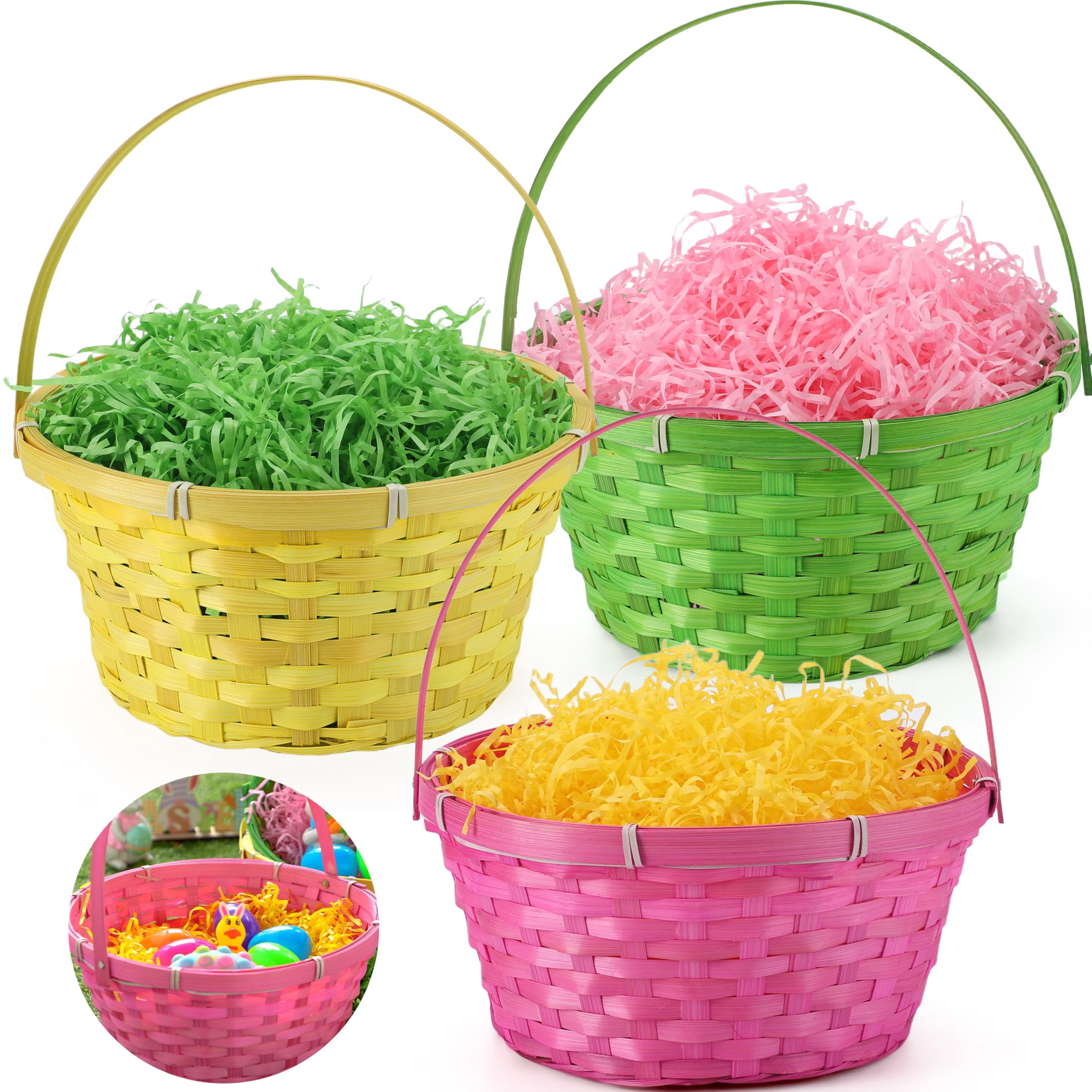 3 Easter Baskets With Handle And 3 Colors Grass Paper Shreds  Empty Gift Basket For Egg Hunt Party Supplies Filling Candy & Favors (yellow Pink Green)