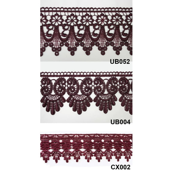 3" Eggplant Embroidered Venice Lace Trim Floral Colored Guipure Trimming By Yard