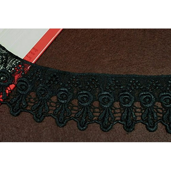 3" Embroidered Venise Lace Trim Black White Green Gray Pink Ivory by Yard (Black)