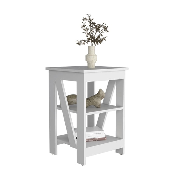 3 End Table/nightstand, White. Compact Area Side Table. Engineered Wood With Solid + . 23.8" H X 15.7" W D. Versatile As Nightstand Or Bookcase. Ample Storage Levels. Stylish Crossed Support. , &