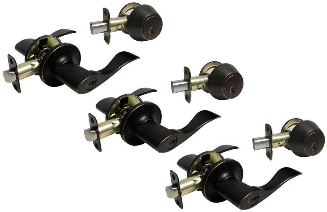 Richmond Oil Rubbed Bronze Entry Lever & Deadbolt Combo Pack (3 Sets) - Keyed Alike, Adjustable Backset, Grade 3