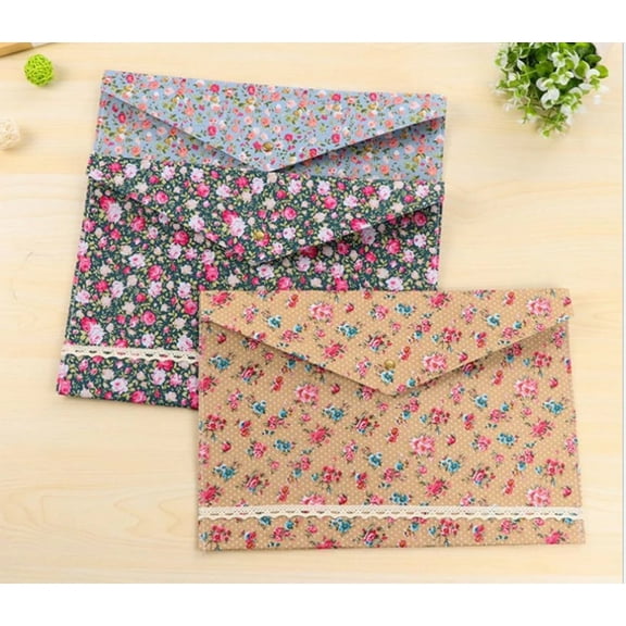 3 Envelopes Fabric Floral Documents ,Letter Paper Size Envelope Folder,Fabric and Felt with Snap Button