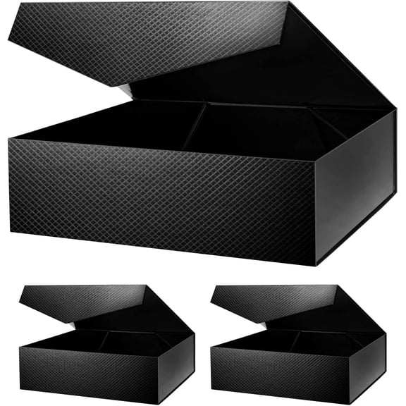3 Extra Large Gift Boxes with Lids for Father's Day, 17x14.5x5.5 Inches, Black Groomsmen Proposal Magnetic Closure All Occasion (Lattice Texture)