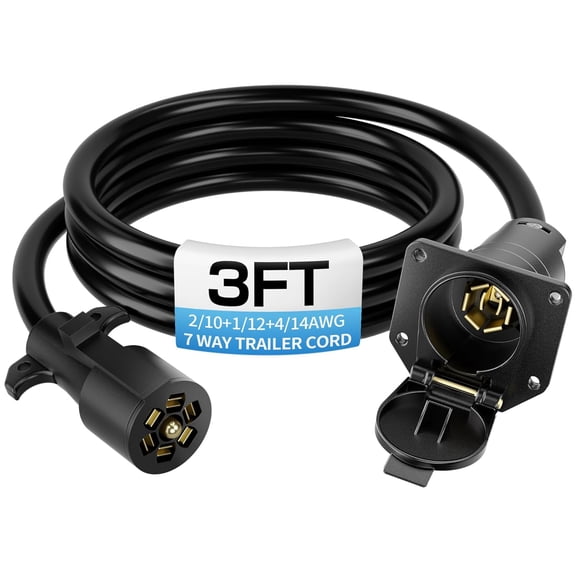 3 FT 7 Pin Trailer Wiring Harness, 7 Way Trailer Plug with Double Prong Terminals, 2/10+1/12+4/14AWG 7 Pin Trailer Extension for RVs