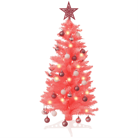 3 FT Artificial Christmas Tree, Pink Christmas Tree with 50 Warm Lights, 8 Lighting Modes Remote Control,15 Ball Ornaments Star Tree Topper, Small Xmas Tree for Home Decor
