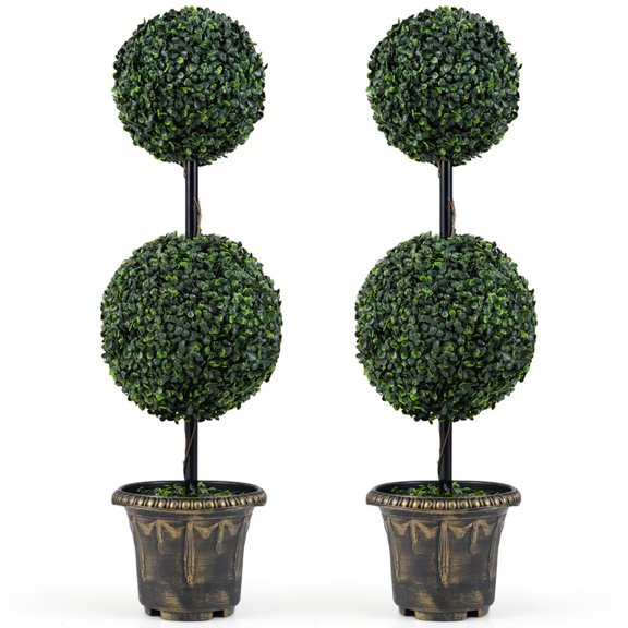 3 FT Artificial Double Ball Boxwood Topiary Tree with Cement-filled Retro Planter, 2 Pack UV Resistant Faux Topiary Plant for All-Season